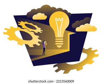 Business solutions conceptual banner - woman with open door, gears and lightbulb