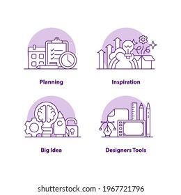 Business solutions creative UI concept icon set. Creating new product abstract illustration. Big idea realization. Isolated vector conceptual art for UX. Color graphic design element pack