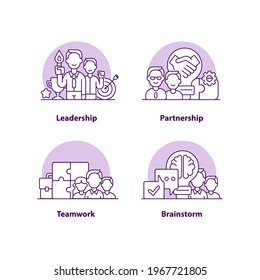 Conjunto de iconos de concepto de interfaz de usuario creativa para soluciones empresariales. Ejemplo abstracto del proceso de toma de decisiones. Trabajo en equipo y tormentas de ideas. Arte conceptual vectorial aislado para UX. Paquete de elementos de diseño gráfico de color