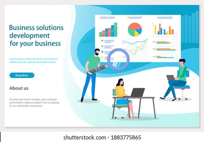 Business solutions development for your business. Man with magnifying glass searching, analysing statistics, graphics, diagrams, charts. Women workers using laptops making financial analytics. Website