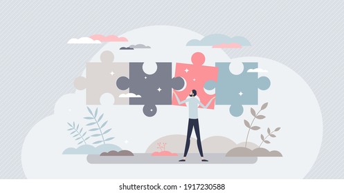 Business solutions and difficult problem solving process tiny person concept. Find project missing parts and complete for goal success vector illustration. Smart work decision and choice from leader.