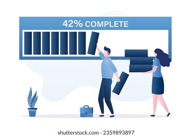 Soluciones empresariales y difícil proceso de resolución de problemas. Progreso de principio a fin. Equipo de negocios rellenando la barra de carga. Desarrollo de negocio, realización de tareas, finalización exitosa de proyectos.