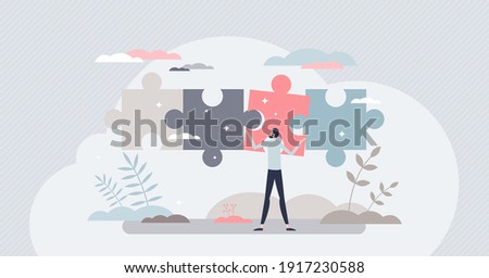 Business solutions and difficult problem solving process tiny person concept. Find project missing parts and complete for goal success vector illustration. Smart work decision and choice from leader.