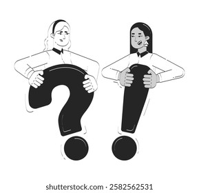 Business solutions doodle line illustration concept. Informational support. Diverse women holding exclamation and question marks 2D outline characters isolated. Hand drawn ink drawing monochrome