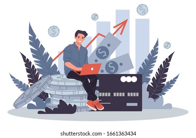 Business solutions for finance vector illustration. Employee investing capital. Increasing revenue and profits concept. Using internet technologies for making money and growth dividend