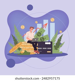 Business solutions for finance vector illustration. Tiny young man with laptop sitting on huge stack of coins. Employee investing capital. Increasing revenue and profits concept