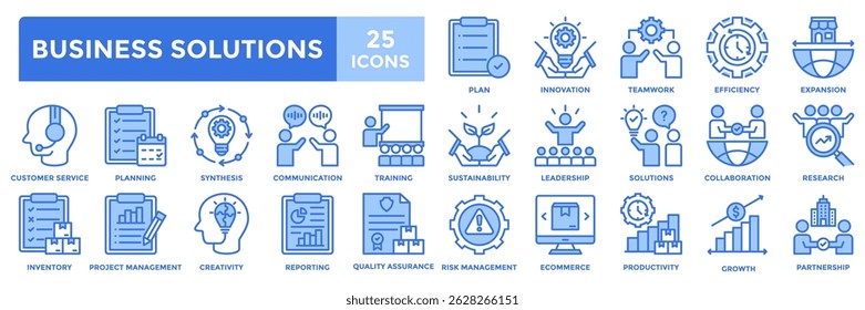 Symbolsammlung für Unternehmenslösungen. Enthaltend Plan, Innovation, Teamarbeit, Effizienz, Erweiterung, Lösungen, Zusammenarbeit Symbol. Einfache blaue Vektorgrafik.	