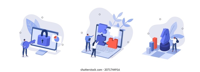 
Business solutions illustration set. Characters assembling jigsaw puzzle, moving chess figure, opening lock with key. Strategy, planning and success concept. Vector illustration.
