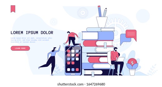 Plantilla vectorial de la página de inicio de soluciones empresariales. Intercambio de cursos en línea página web de cursos en línea idea de interfaz con ilustraciones planas. Concepto de caricatura de banner web sobre inversión inteligente, gestión de dinero