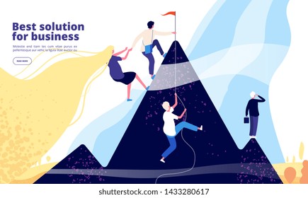 Business solutions landing. Business team climb on mountain. Successful company online consulting service. Web page vector design. Illustration of team climb to mountain, partnership and teamwork