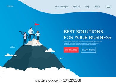 Business Solutions, Marketing, Success Team Work. Business Team Standing On Mountain Peak With Winner Flag. Vector Web Page Design Template.