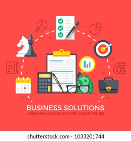 Soluciones empresariales. Elementos gráficos modernos de diseño plano. Iconos de línea delgada e iconos planos establecidos para banners web, sitios web, infografías, materiales impresos. Calidad superior. Ilustración del vector