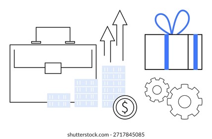 Business solutions, professional development, financial growth, productivity, success, corporate rewards. A briefcase, coins gift box and gears the . Business solutions and financial growth