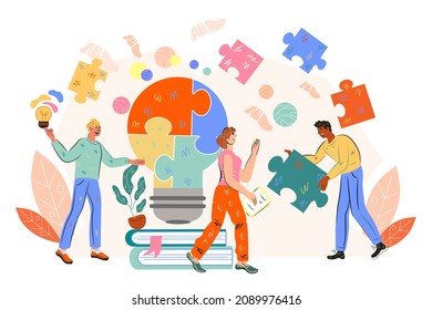 Business solutions and teamwork concept. Business team cooperation and brainstorming activity, flat vector illustration isolated on white background.