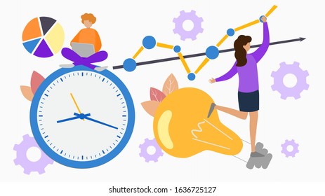 Business solutions, time management strategy concept with working people man, woman team vector illustration. Clock, gears, laptop, light bulb, graph, diagram web banner design isolated.