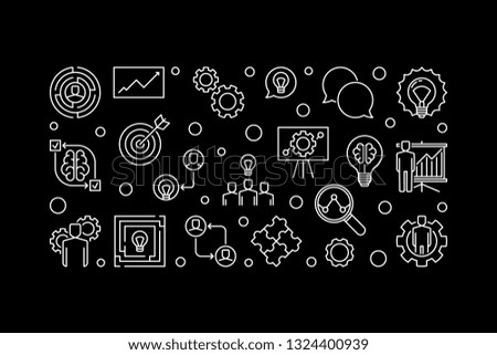Business Solutions vector concept horizontal outline illustration or banner on dark background