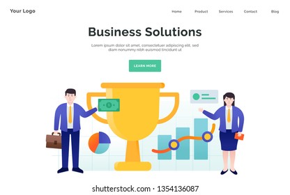 Business solutions vector concept for landing page, businessman with trophy and data analysis, success illustration