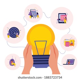 Fondo plano del espacio de negocios con composiciones redondas de iconos conceptuales y de mano humana de la luz de la idea del vector ilustración