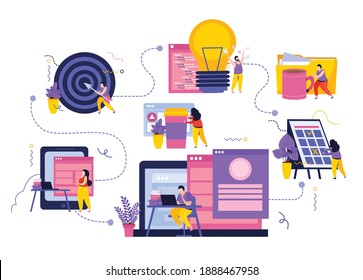 Business space flat composition with flowchart of target and idea icons gadget images and human characters vector illustration