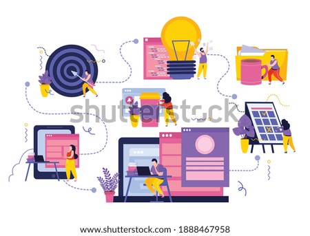 Business space flat composition with flowchart of target and idea icons gadget images and human characters vector illustration