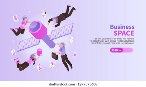 Business space horizontal banner with image of earth artificial satellite and people flying around isometric vector illustration