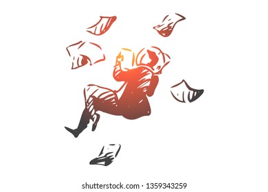 Business, space, paper, man, fly concept. Hand drawn businessman flying with a lot of paper in space dressen in space suit concept sketch. Isolated vector illustration.