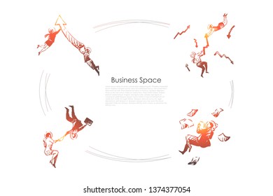 Business space - business people with marketing indexes and documents in space vector concept set