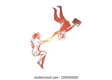 Business, space, suit, women, man, fly concept. Hand drawn business people flying in space suit concept sketch. Isolated vector illustration.