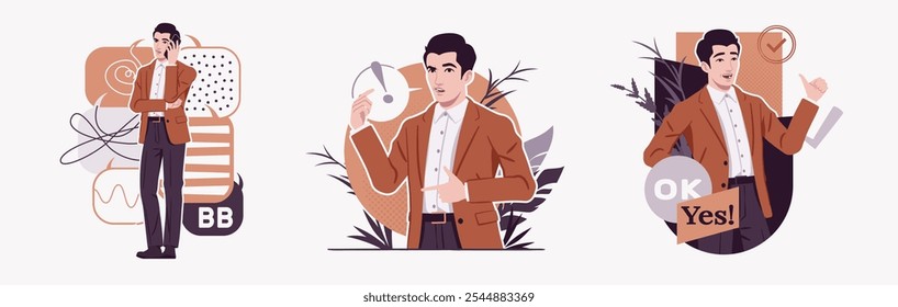 Business speaker busy communication, explaining strategy, corporate conversation chat, showcasing talk, modern design for art magazine, blog, advertisement, digital social media illustration set