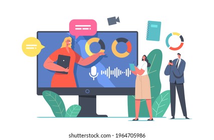 Business Speaker Character Giving Financial Consultation from Huge Computer Monitor with Data Analysis and Investment Statistics Charts and Graphs, Online Meeting. Cartoon People Vector Illustration