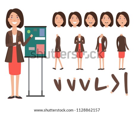 Business speaker character set with different poses, emotions, gestures. Animation constructor, front, back and side view. Can be used for topics like teacher, businesswoman, business coach