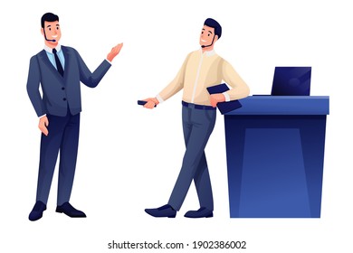 Business speaker giving talk and show presenter. Young man with microphone doing presentation, host listening and recording vector illustration. Event or forum convention.