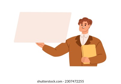 Business speaker presenting blank paper board. Businessman, coach, expert showing presentation, information, report on empty screen, speaking. Flat vector illustration isolated on white background