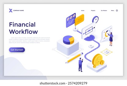 Business specialists analyzing corporate data with digital tools. Financial workflow landing page isometric template. Managing company finances sequence creative 3d vector illustration for web page