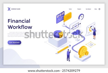 Business specialists analyzing corporate data with digital tools. Financial workflow landing page isometric template. Managing company finances sequence creative 3d vector illustration for web page