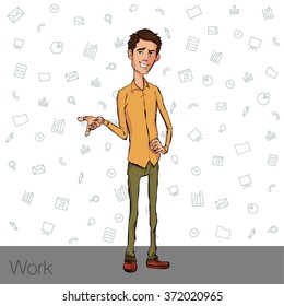 Business speech near the flip chart.  Presentation of business product, project, report at the conference. Man in shirt tells the story. Storytelling  and set of characters. Vector illustration