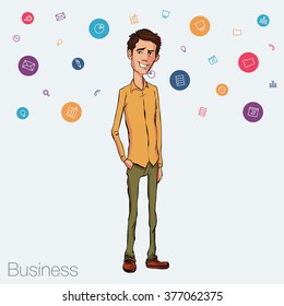 Business speech near the flip chart. Vector presentation of business product, project, report at the conference. Man in shirt tells the story. Storytelling and conference speaker for slide template 