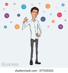 Business speech near the flip chart. Vector presentation of business product, project, report at the conference. Man in shirt tells the story. Storytelling and conference speaker for slide template 