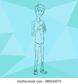 Business speech near the flip chart.  Presentation of business product, project, report at conference. Man tells the story. Storytelling and set of characters.Vector illustration 