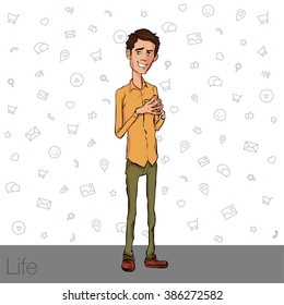 Business speech near the flip chart. Presentation of business product, project, report at the conference. Man in shirt tells the story. Storytelling and set of characters. Vector illustration