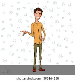Business speech near the flip chart. Vector presentation of business product, project, report at the conference. Man in shirt tells the story. Storytelling and conference speaker for slide template