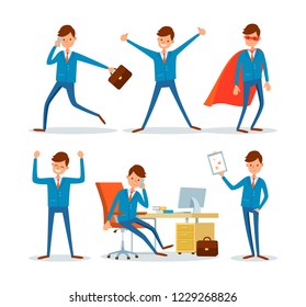 Business sphere, businessman in office, activities of chief executive vector. Boss talking on phone, running with briefcase. Director with good mood