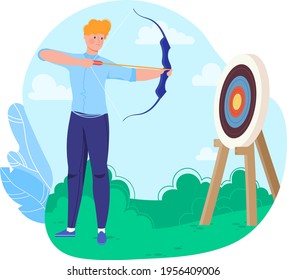 Business as sport, concept achieving success, competition winners, hitting target, cartoon vector illustration, isolated on white.