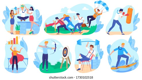 Business as sport concept, people cartoon characters, successful career achievement, vector illustration. Businessman and woman team, motivated entrepreneur competition. Businessperson manager goal