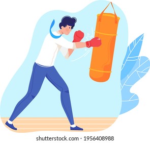 Business as sport, concept victory in achieving success, fighter in gloves, boxer, cartoon vector illustration, isolated on white.