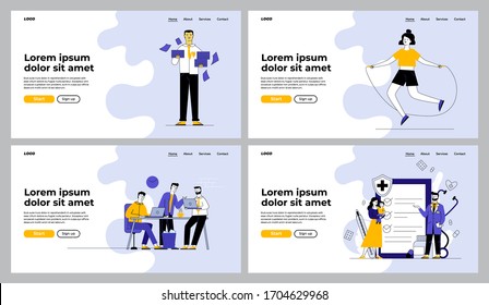 Business, sport, healthcare activities set. Manager with papers, exercising woman, brainstorm, doctor. Flat vector illustrations. Job, lifestyle concept for banner, website design or landing web page