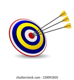 Business and Sports concept with three 3d arrows in bullseye. Arrow Hitting A Target, Isolated On White Background 