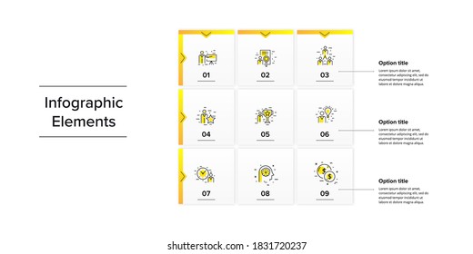 Business Square Matrix Chart Infographics With 9 Step Rectangles. Corporate Grid Diagram Graphic Elements. Company Presentation Table. Slide Template. Vector Info Graphic Design.