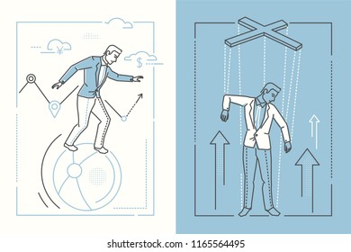 Business stability - set of line design style illustrations on white and blue background. Two high quality banners with businessman balancing on a ball and being a puppet under control