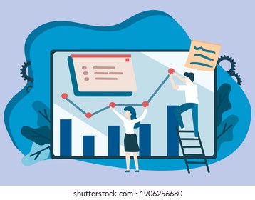 Business staff man and girl show presentation charts.